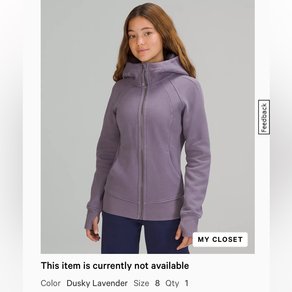 Lululemon Scuba Full Zip Dusky LaVander Size 8.